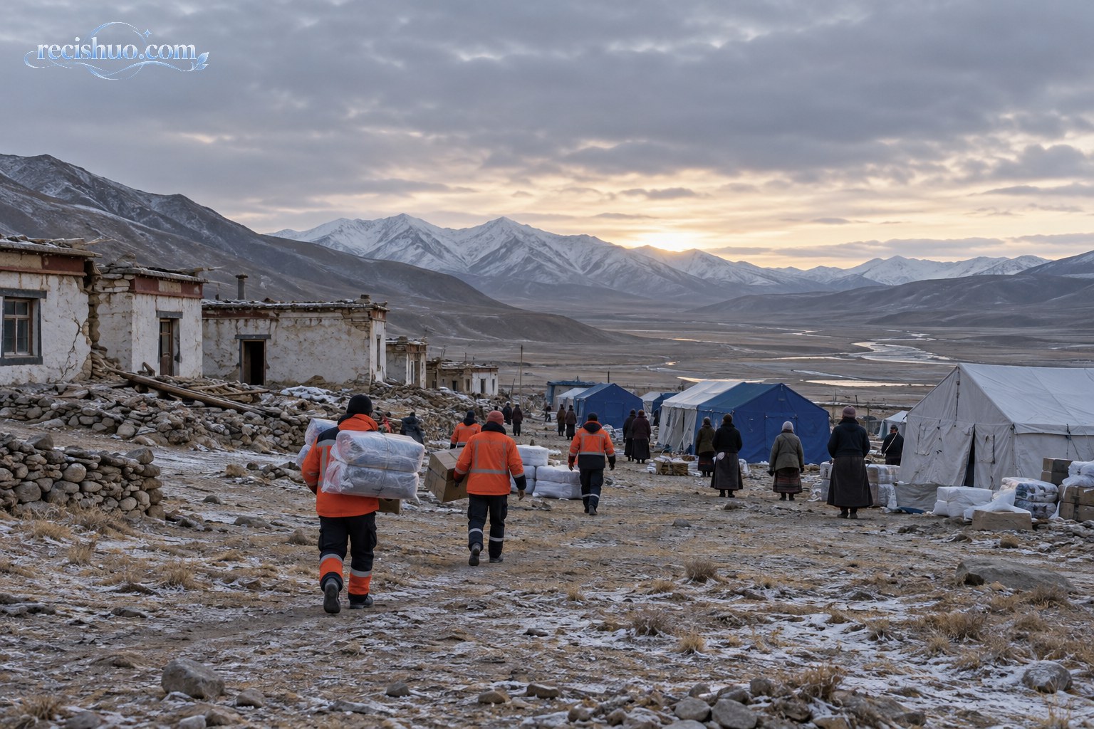 高原地震受灾区域内救援人员向临时安置点运送物资