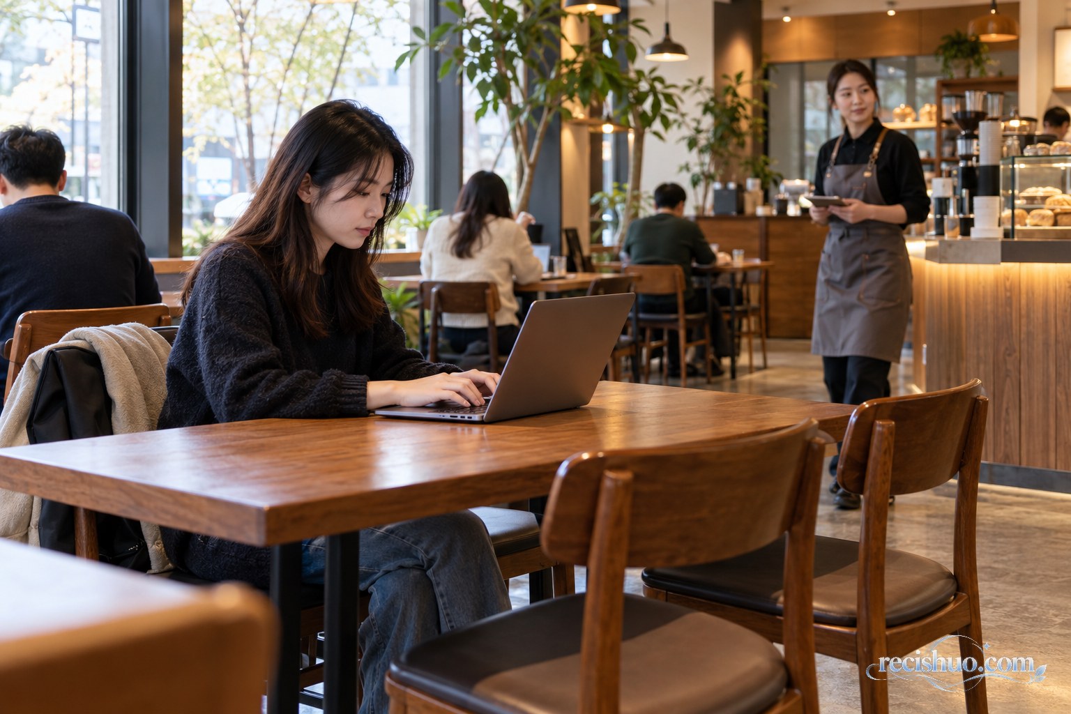 咖啡店内一名顾客使用笔记本电脑,店员在远处留意座位情况