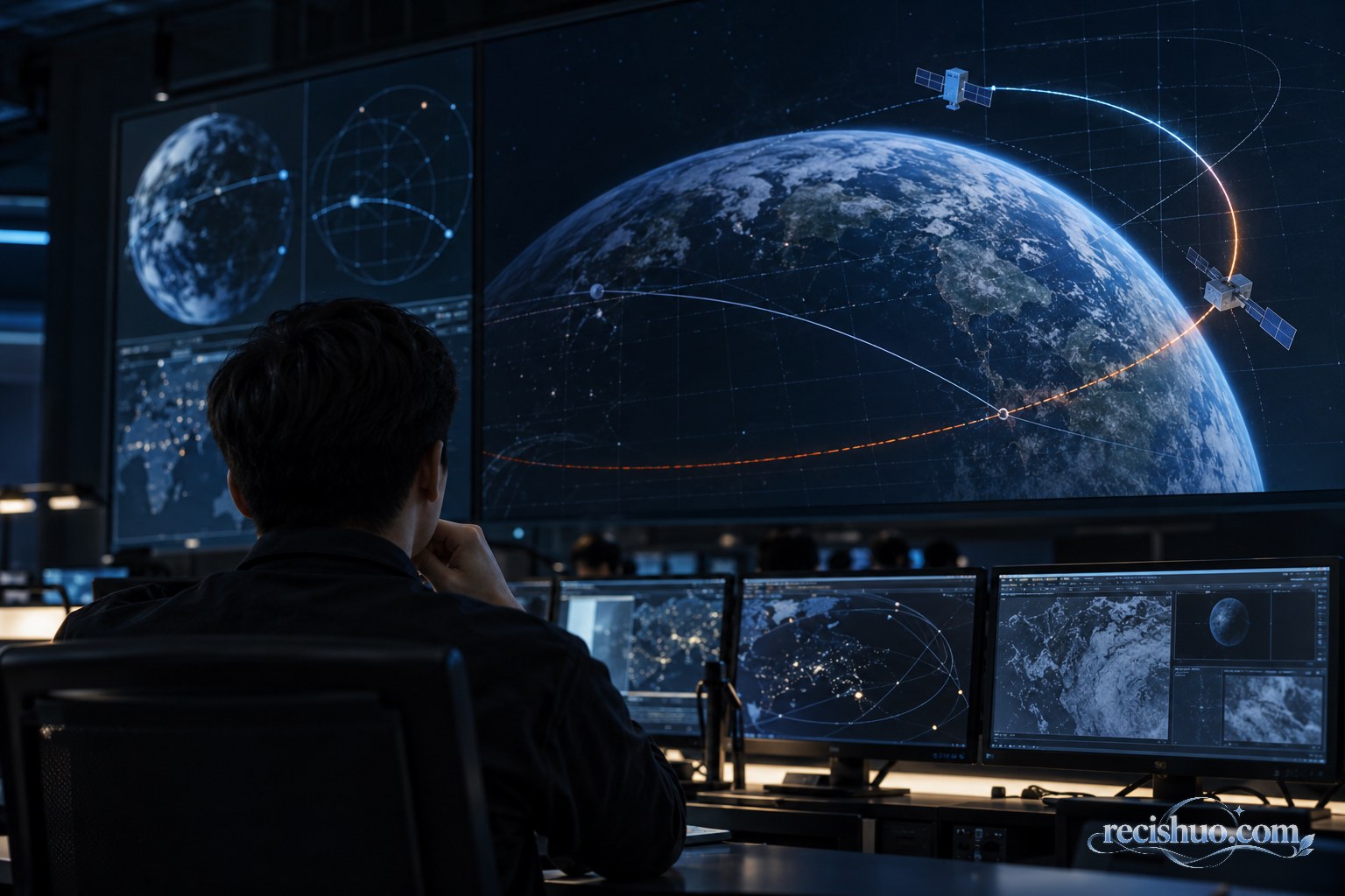 分析人员在任务控制中心查看地球轨道与卫星运行示意画面