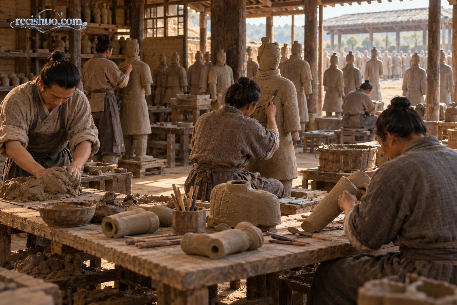 秦代陶俑作坊多人分工制作陶俑的历史场景复原