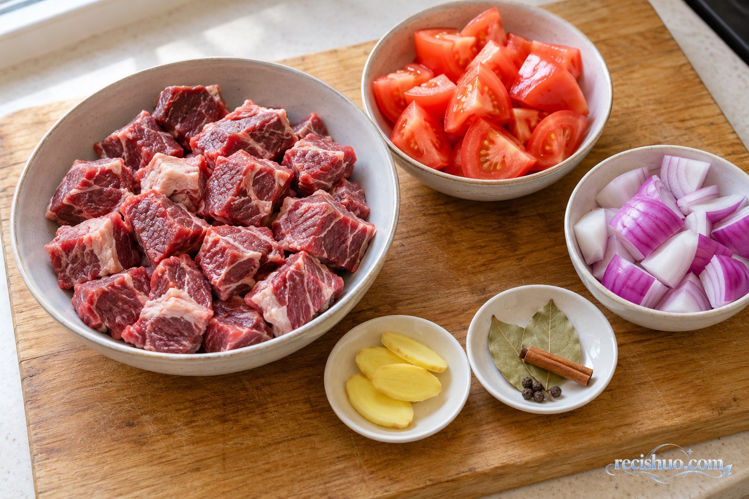 案板上分装好的牛肉块、番茄、洋葱、姜片和少量香料