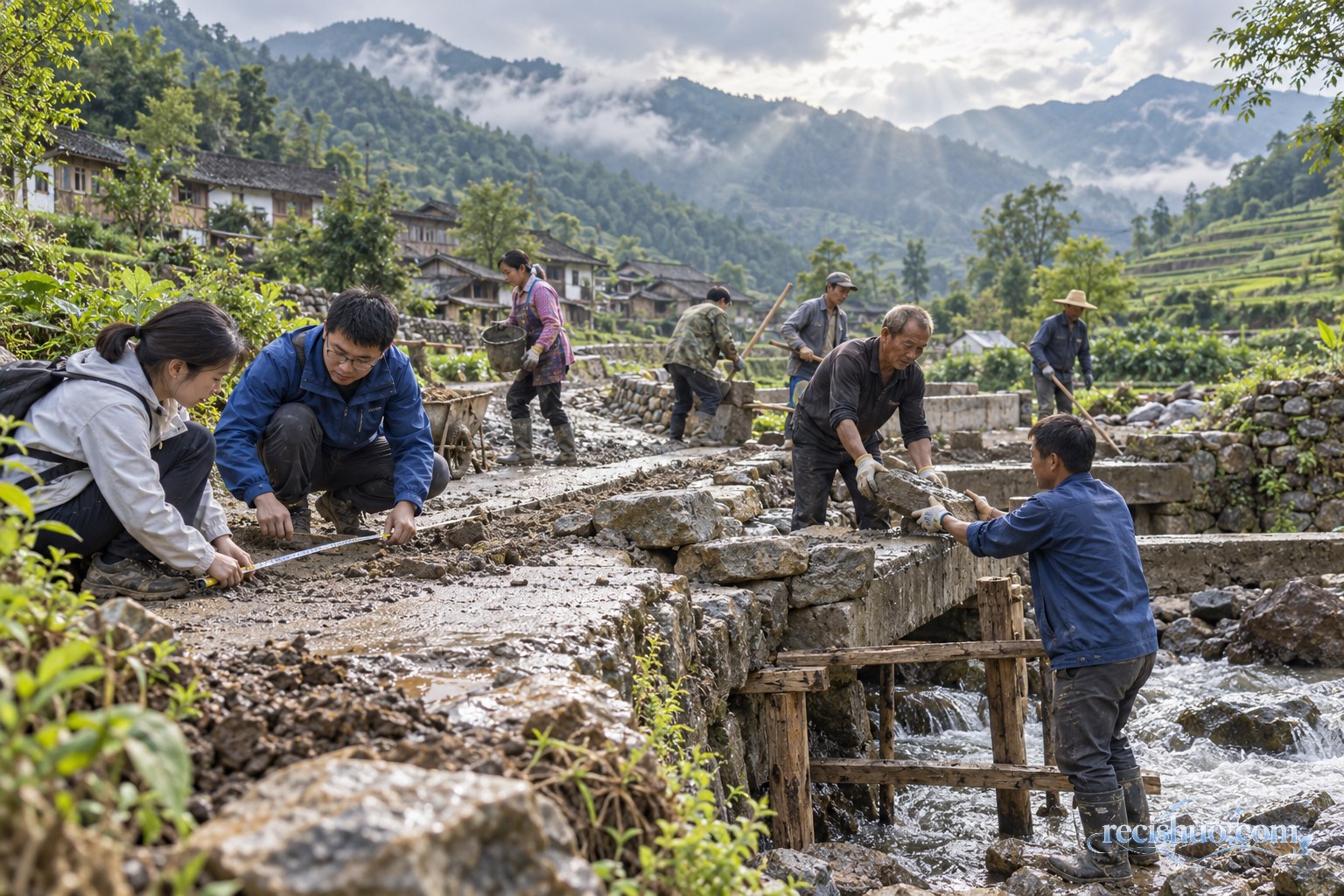 雨后山村里,居民与建设人员协作修复受损道路和桥梁
