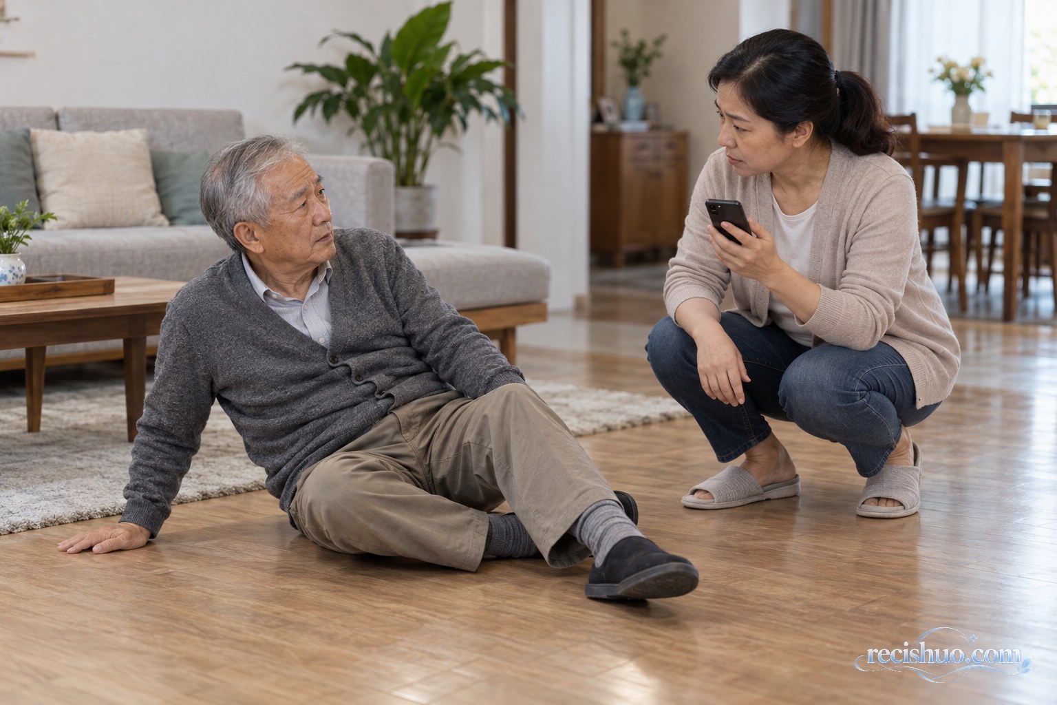 老人跌倒后保持原位,家属在旁观察并准备拨打求助电话