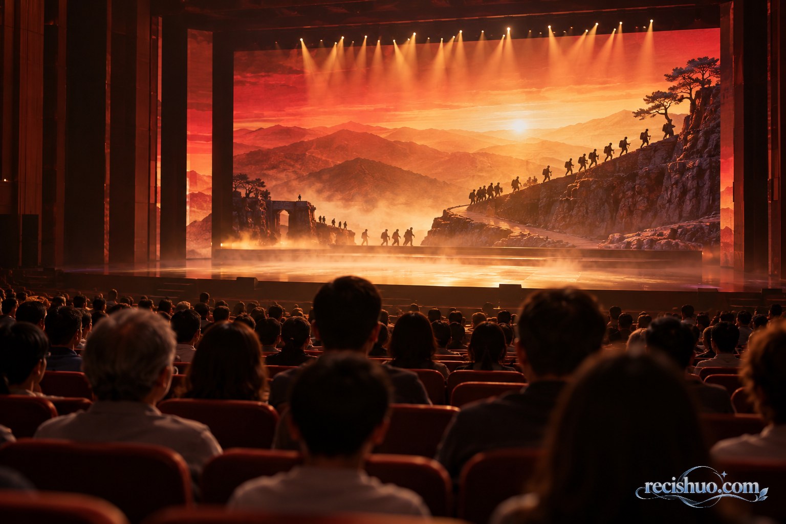 不同年龄的观众在剧场观看以山路和行进队伍为意象的舞台演出