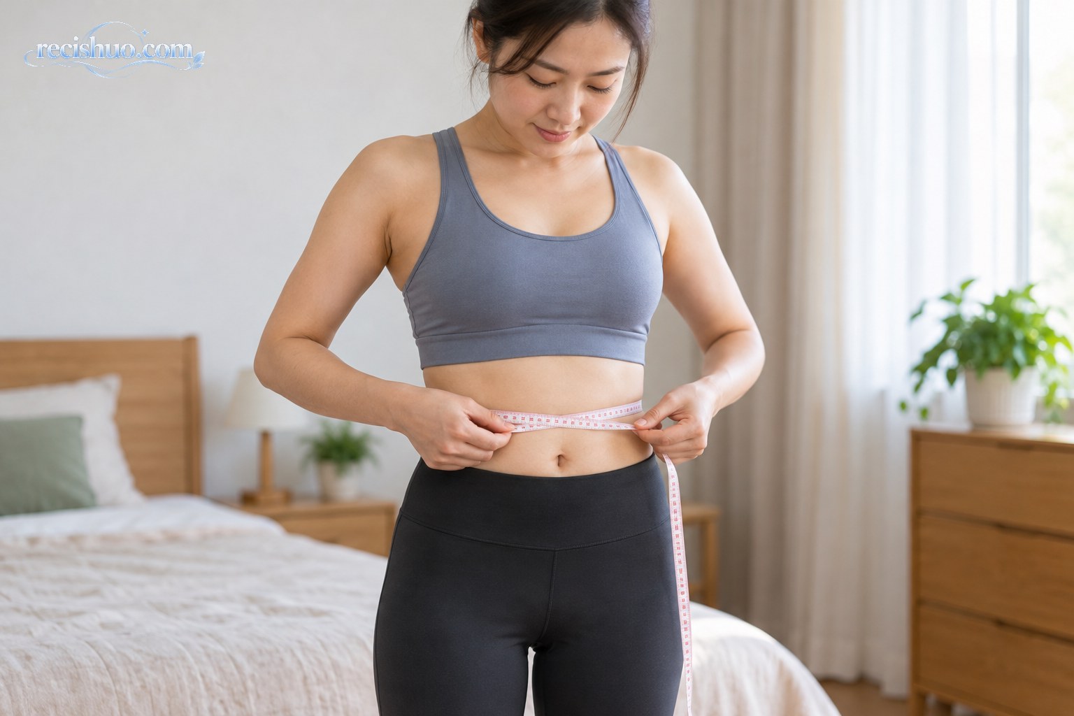 一名女子在家中用软尺水平测量腰围