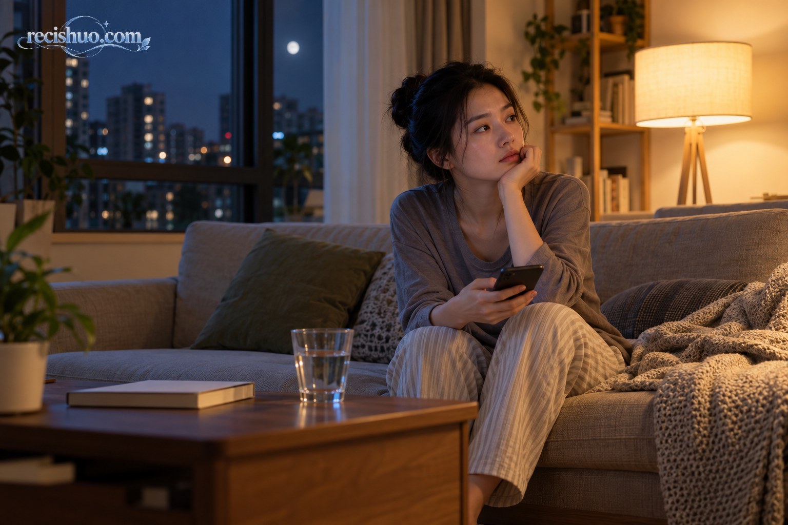 深夜客厅里，一名年轻观众手持手机暂停观看并若有所思