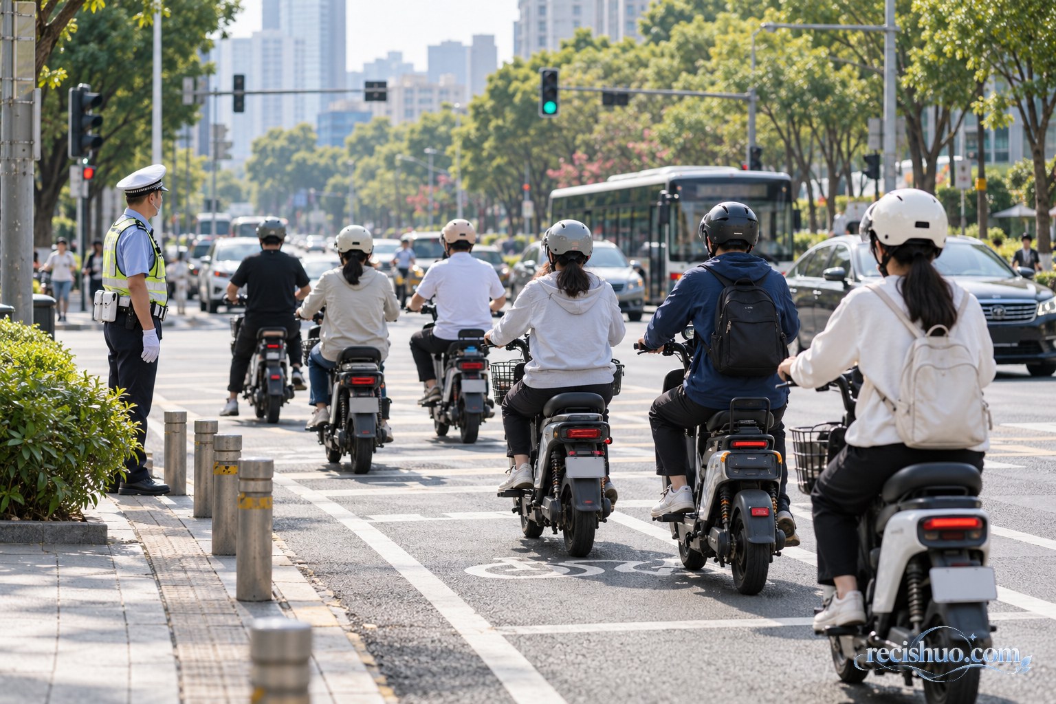 广州城市路口多名电动自行车骑行者佩戴头盔有序通行