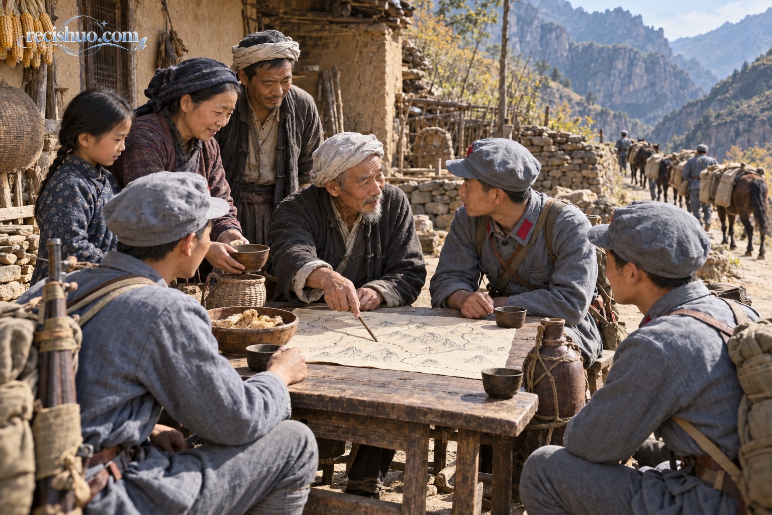 山区村落里,战士与村民围绕地形图交流实际情况