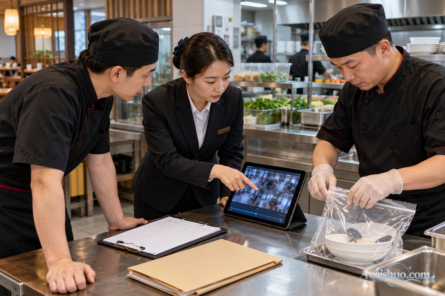 火锅门店工作人员核查监控并留存餐具和检查记录