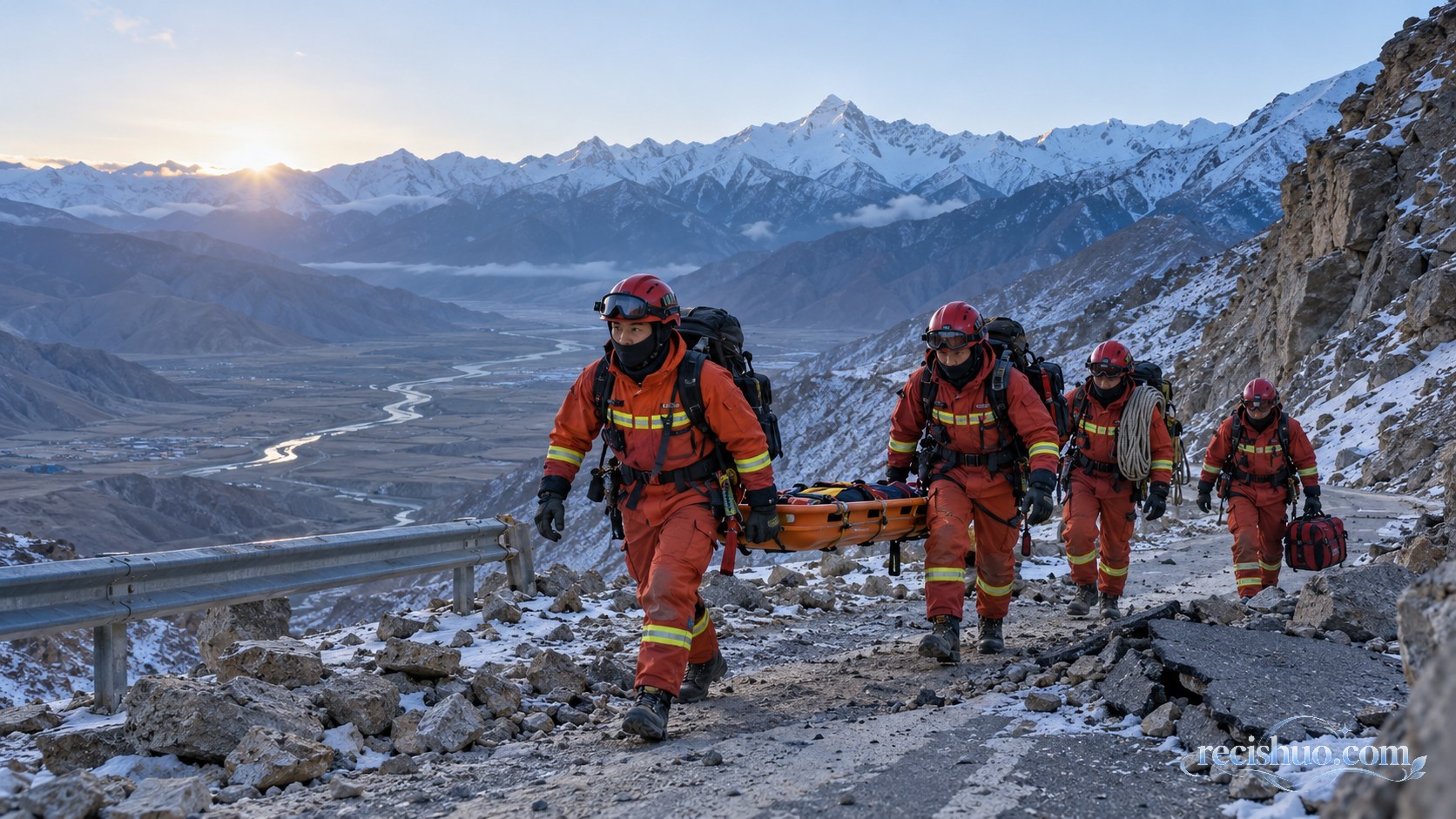 高原雪山与受损山路间携带担架和装备前行的救援队伍主题示意图