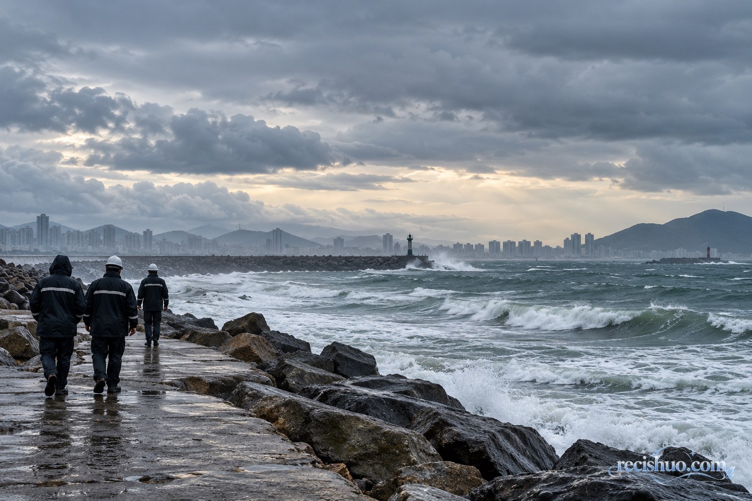 风雨中的沿海防波堤旁，防汛人员面向仍有涌浪的海面巡查