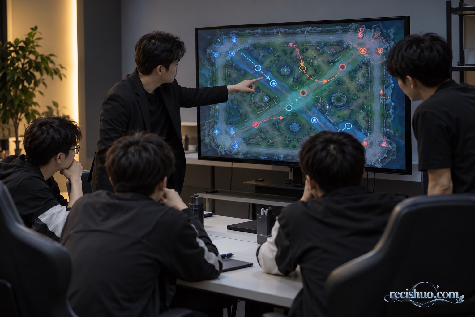 教练与选手在战术室研究三路地图和行动路线