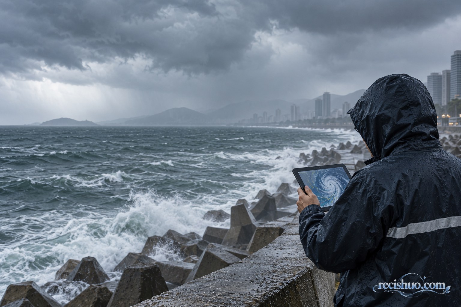 阴雨海岸边,一名穿雨衣的观察者查看台风路径画面