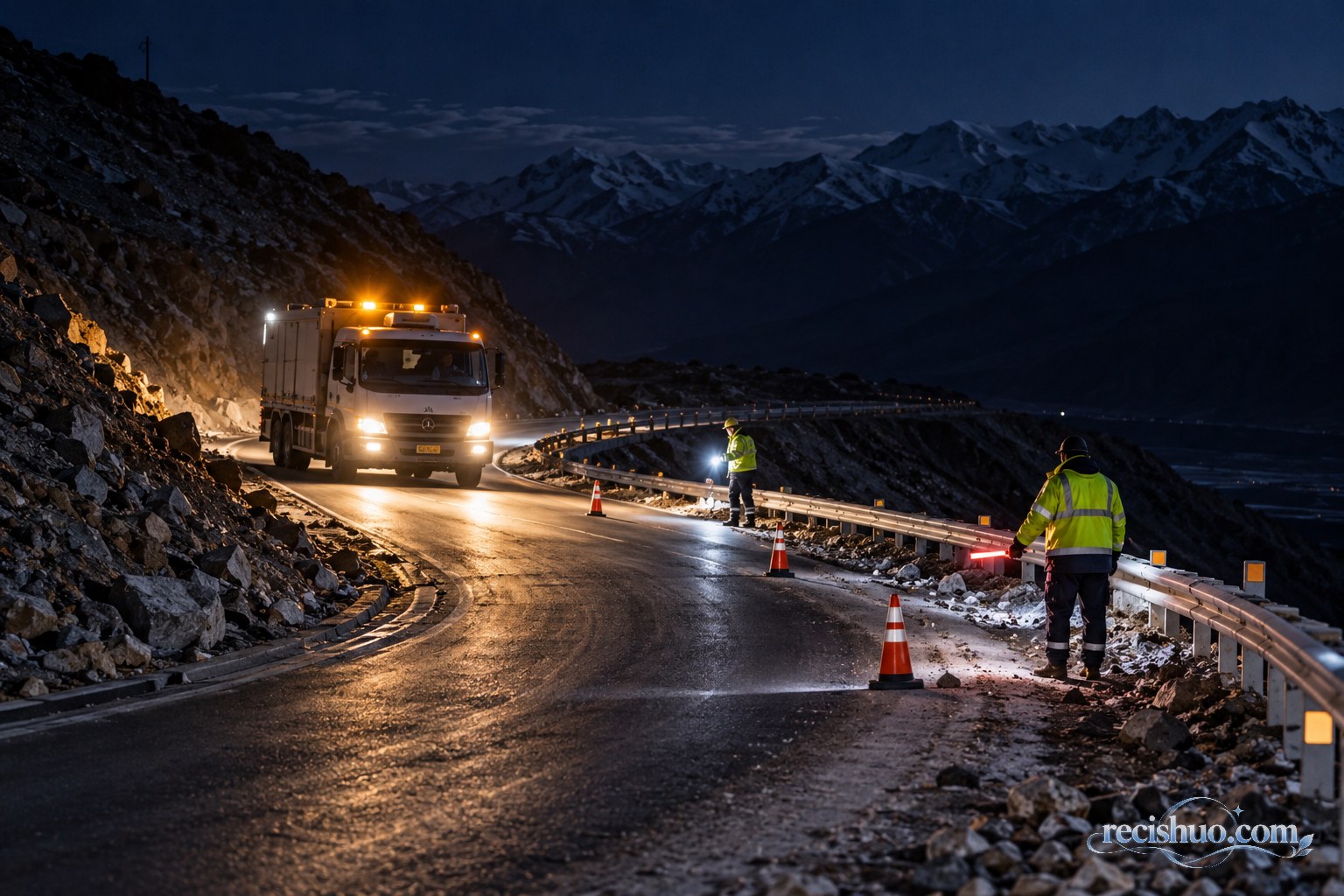道路保障人员在高原夜间弯道检查路况并引导救援车辆通行