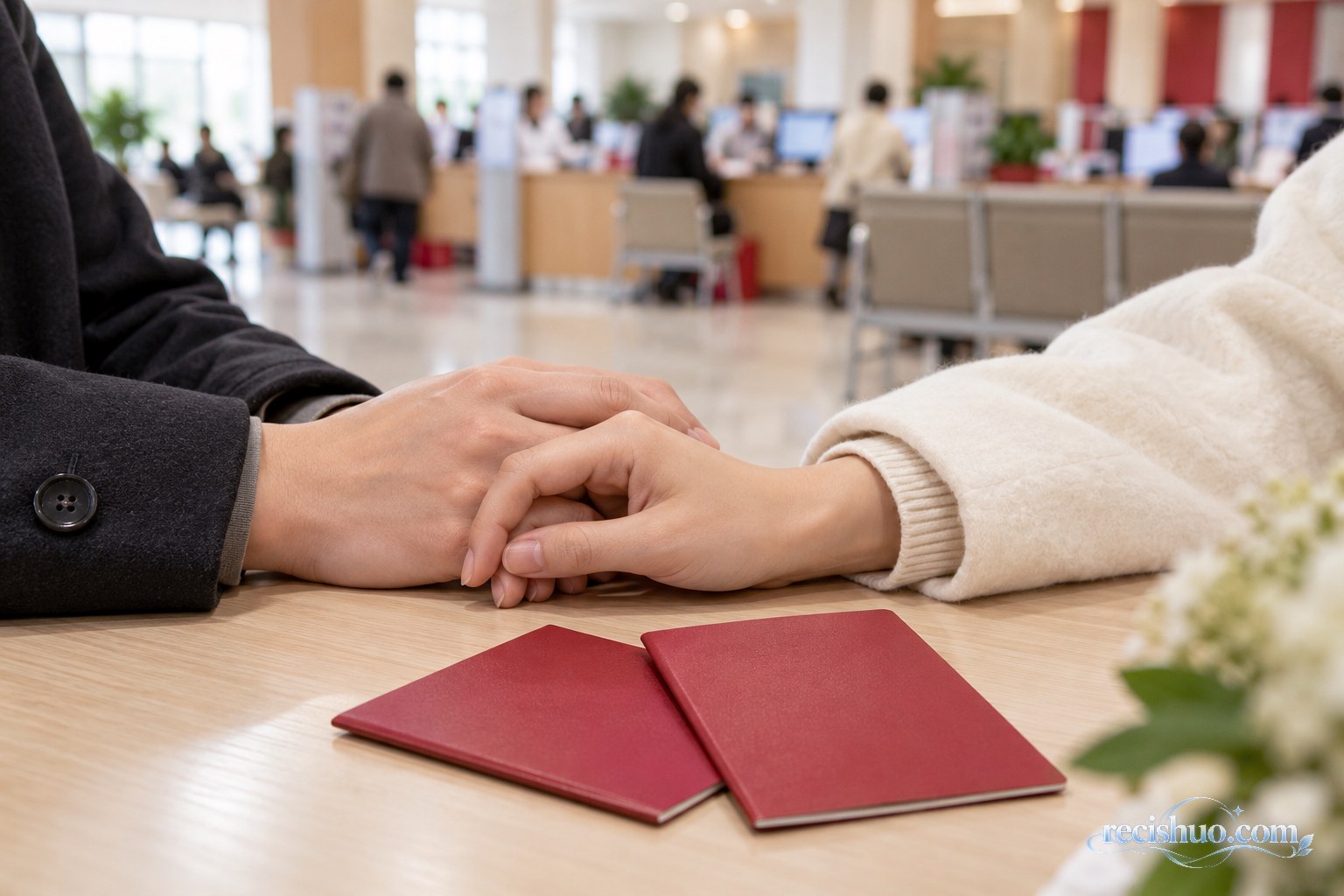 婚姻登记服务大厅内,一对年轻人双手相握,桌上放着两本空白红色证件封套