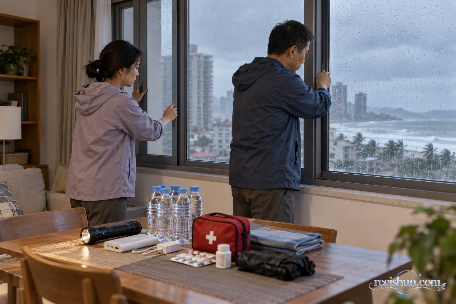 沿海居民在降雨来临前关闭窗户并整理家庭应急用品