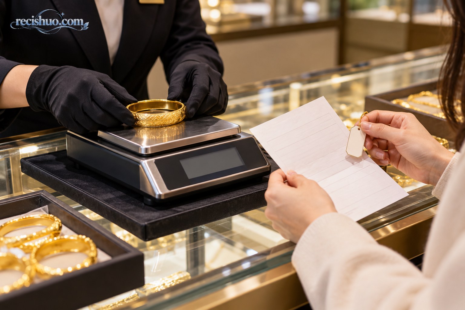 珠宝柜台内,店员称量金手镯,顾客核对销售单和饰品标签