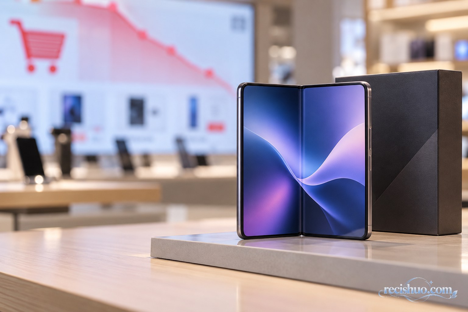 手机零售展台上的无品牌折叠屏手机与背景中的抽象价格下行图形