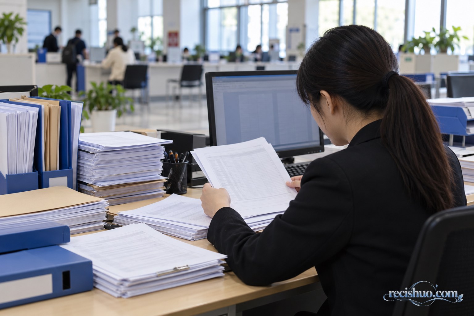 工作人员在公共服务办公室核对公务员职位资料