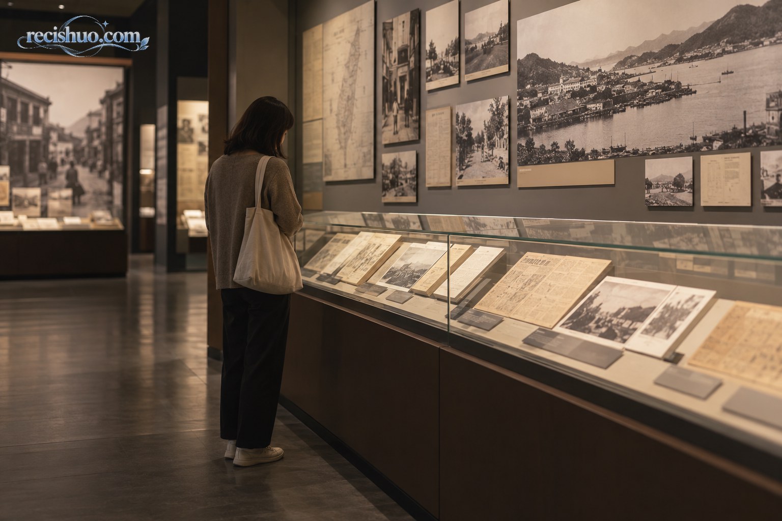 参观者在历史展馆内观看档案、旧报纸与影像展陈