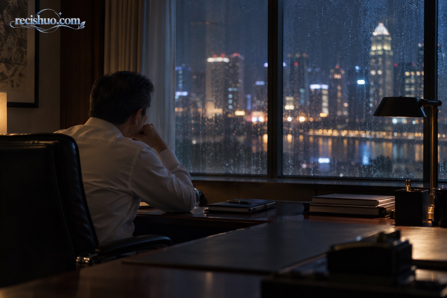 一名官员深夜独坐办公室窗前，呈现长期高压决策带来的疲惫感