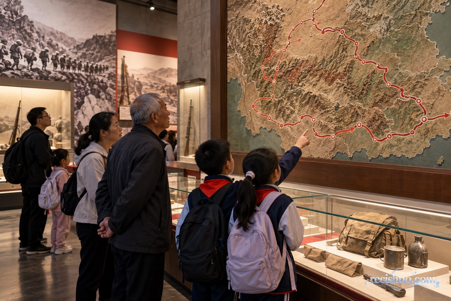 不同年龄的参观者在展馆内观看长征路线地形图和历史展品