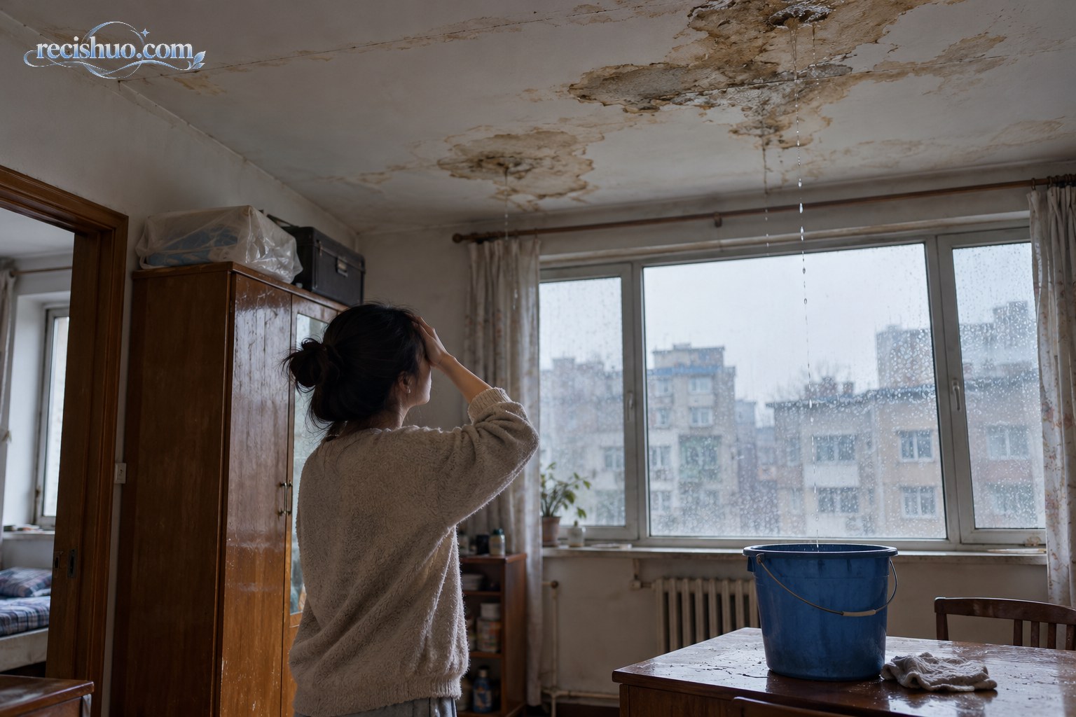 年轻女子入住老旧住宅后查看多处漏水的天花板