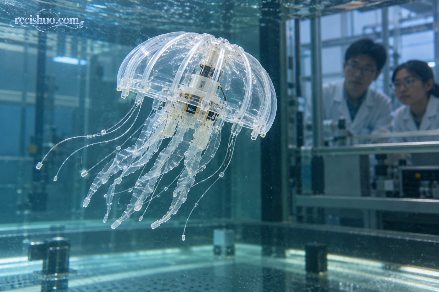 透明仿生水母机器人在实验水槽中接受测试