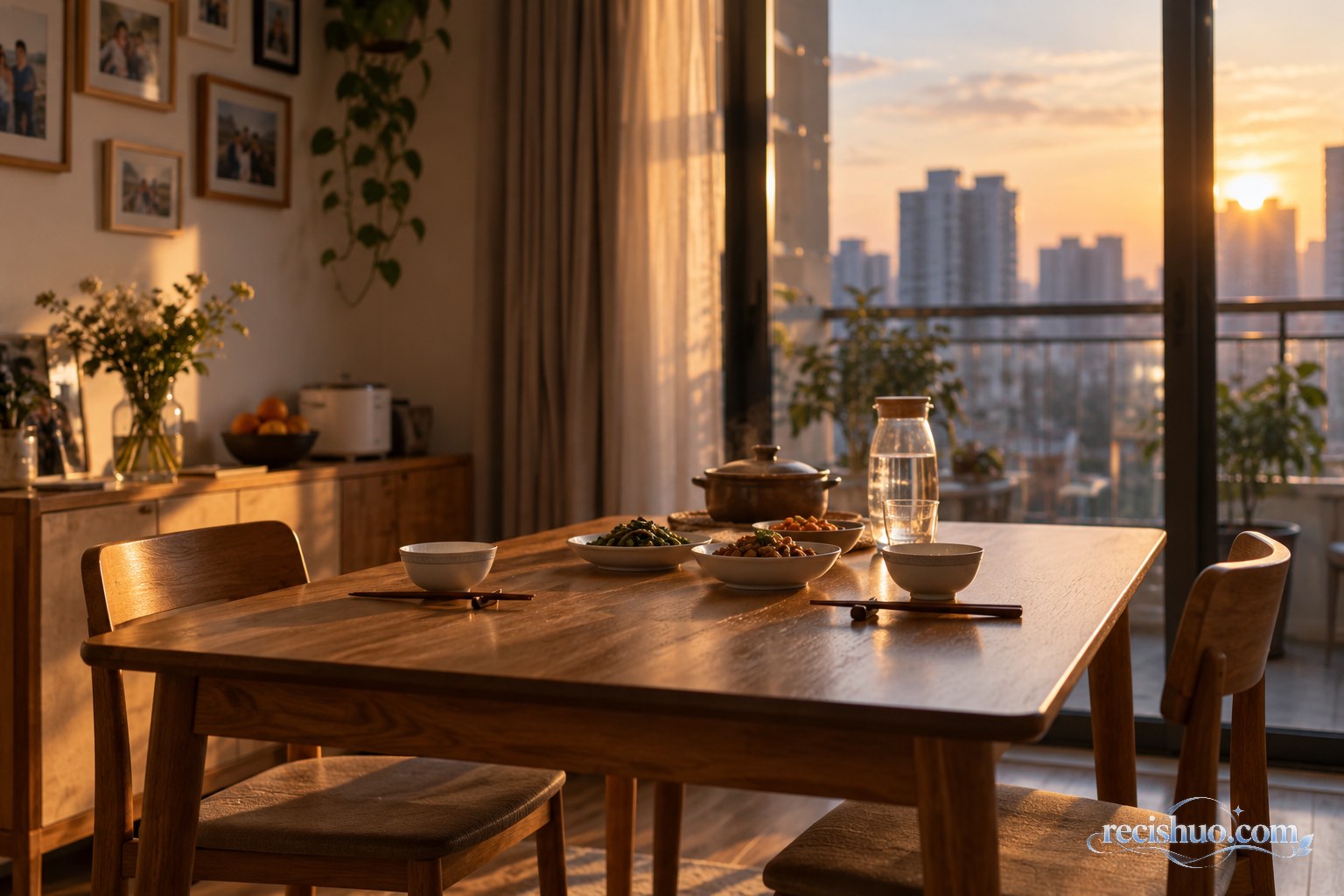 夕阳照进城市住宅餐厅,四人餐桌上摆着两副碗筷