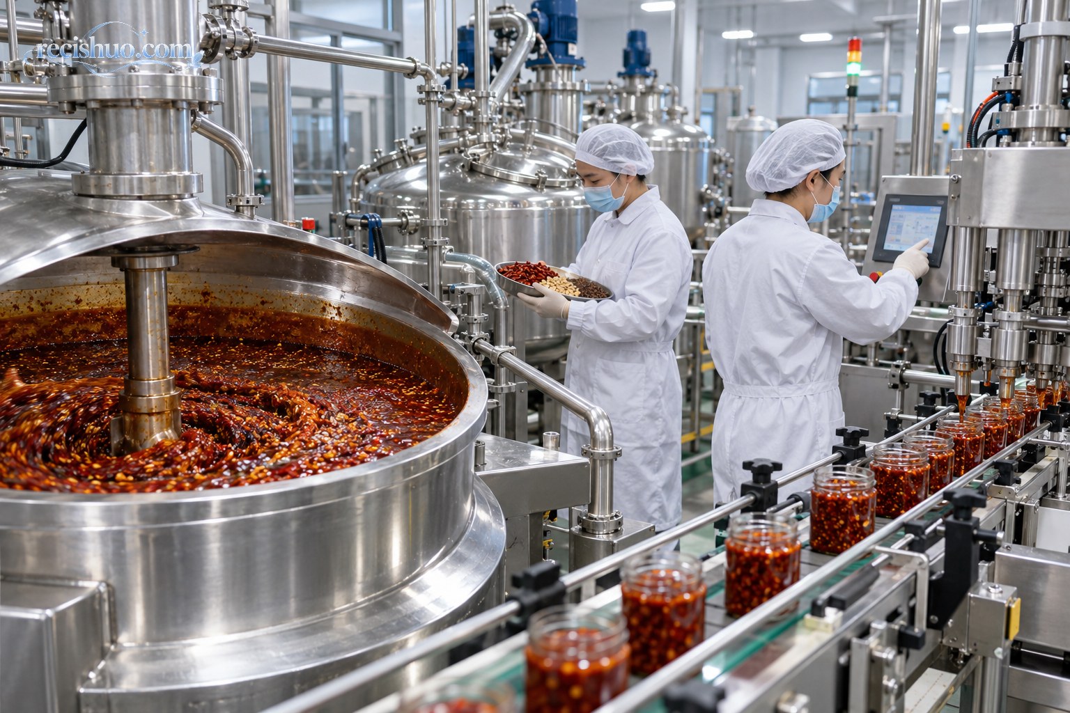 技术人员在火锅底料智能生产线上检查配料与灌装设备