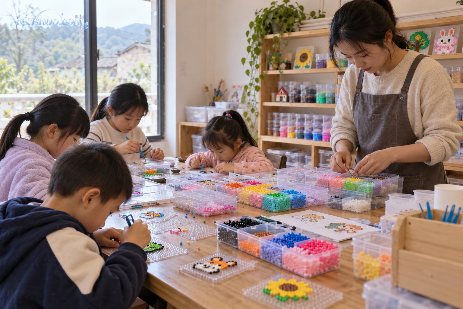 明亮的乡村手工店里,孩子们在店主照看下专注制作拼豆