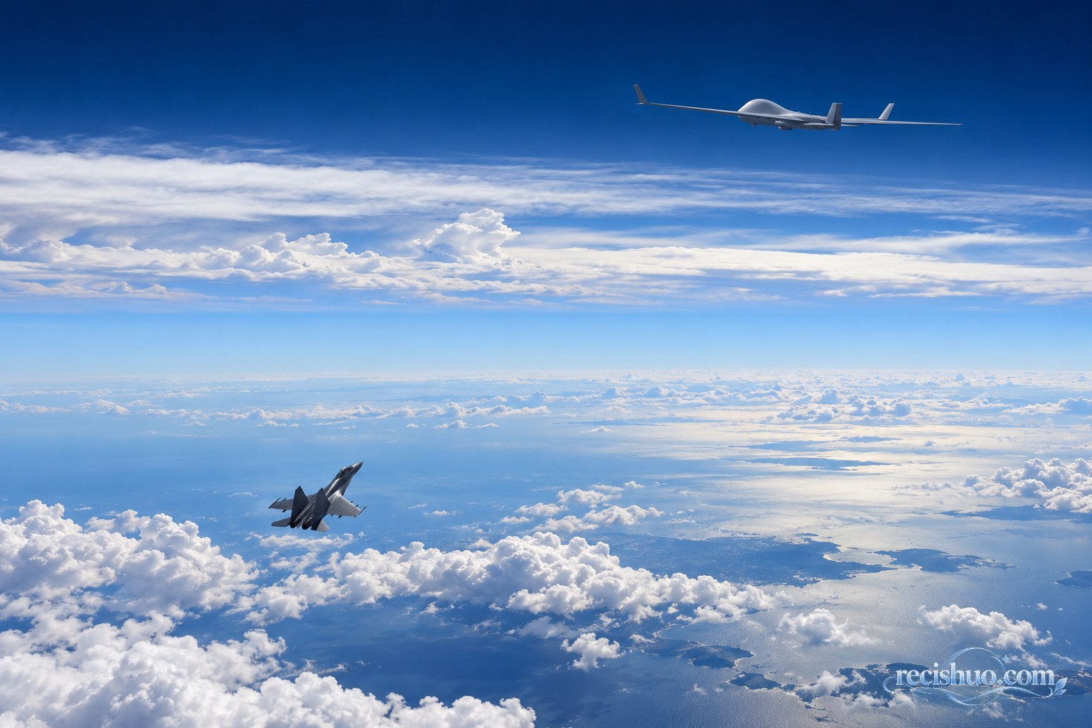 高空无人机与下方有人战机呈现明显高度差的原理示意图