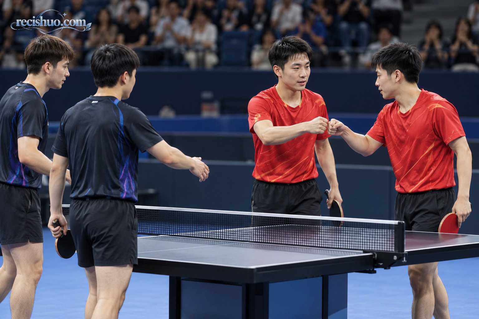 乒乓球双打比赛结束后双方球员在球台旁致意