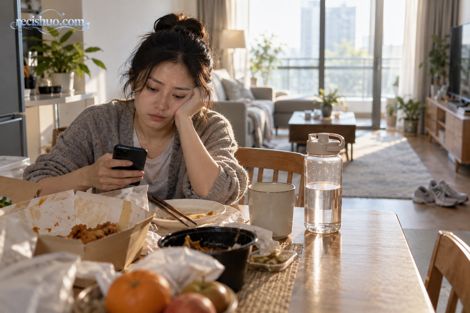 清晨家中,一名女子坐在摆有外卖餐盒的桌前疲惫地看手机