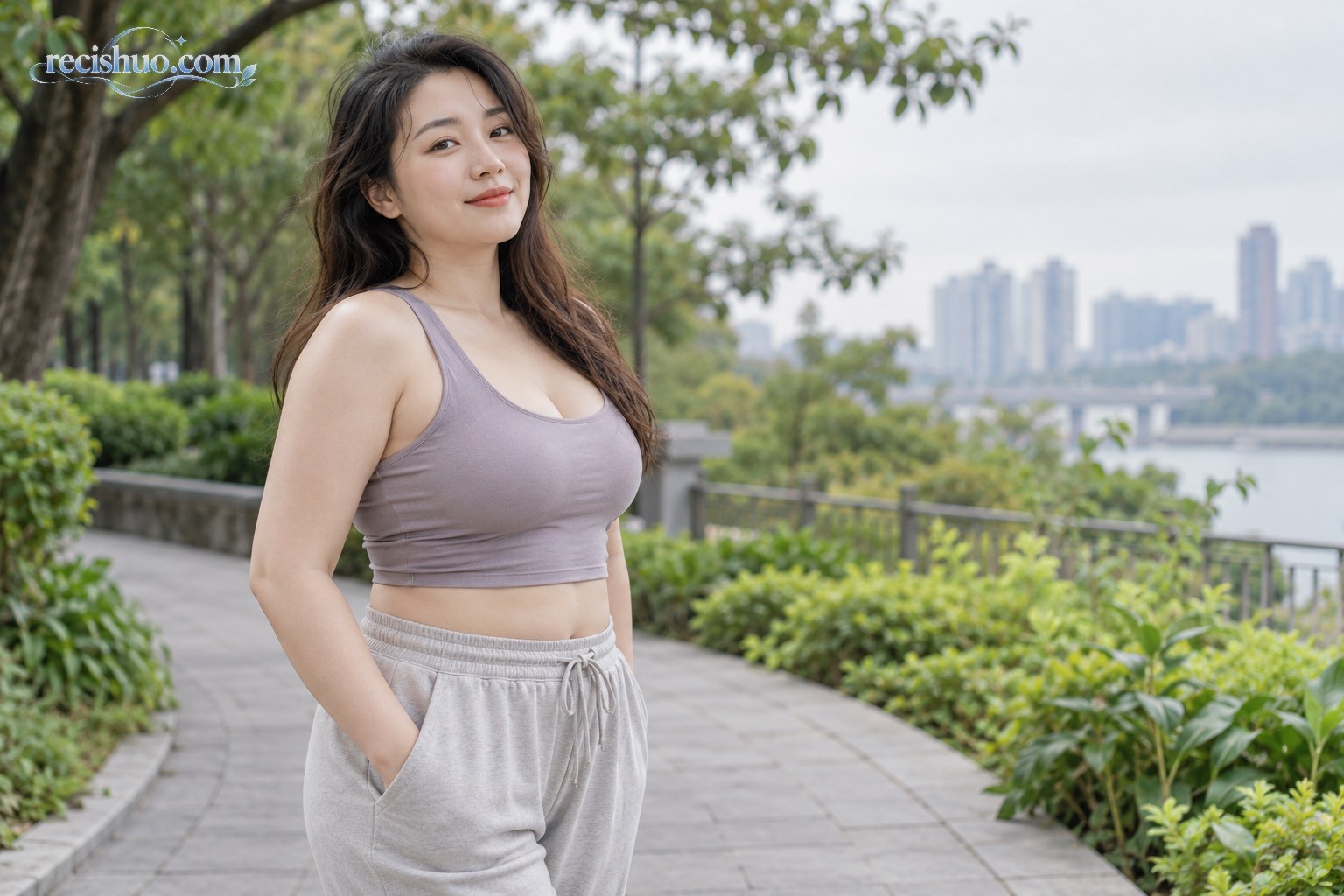 一位体态自然丰腴的成年女性自信站在城市公园步道上