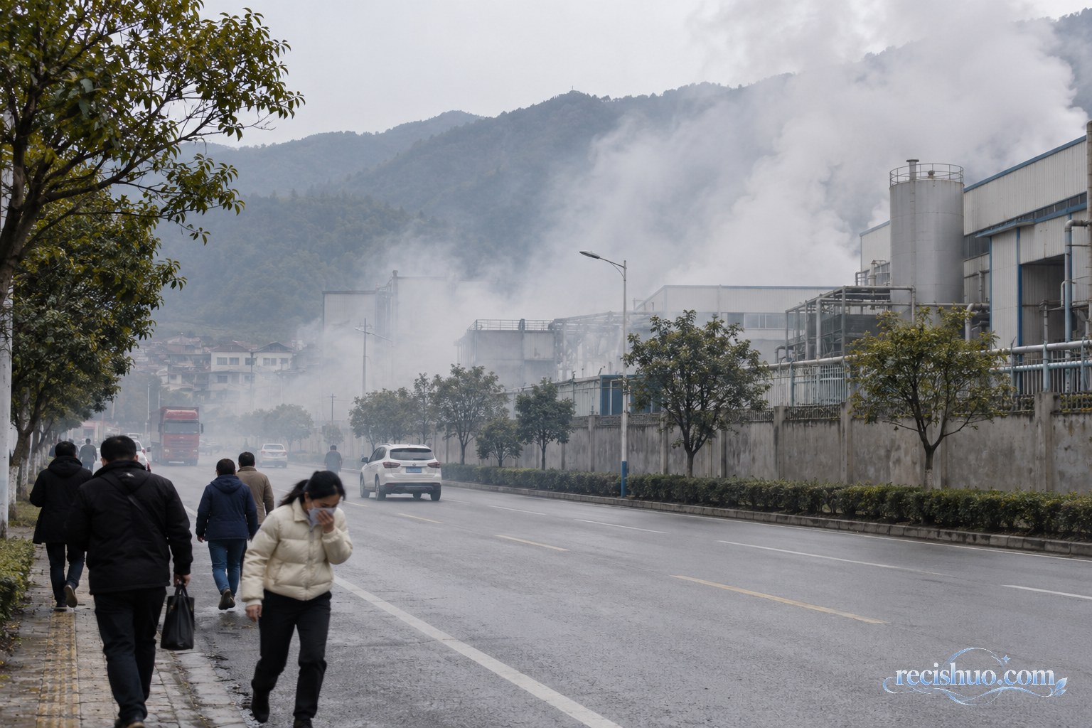工业区外围出现烟雾,附近行人掩住口鼻并离开