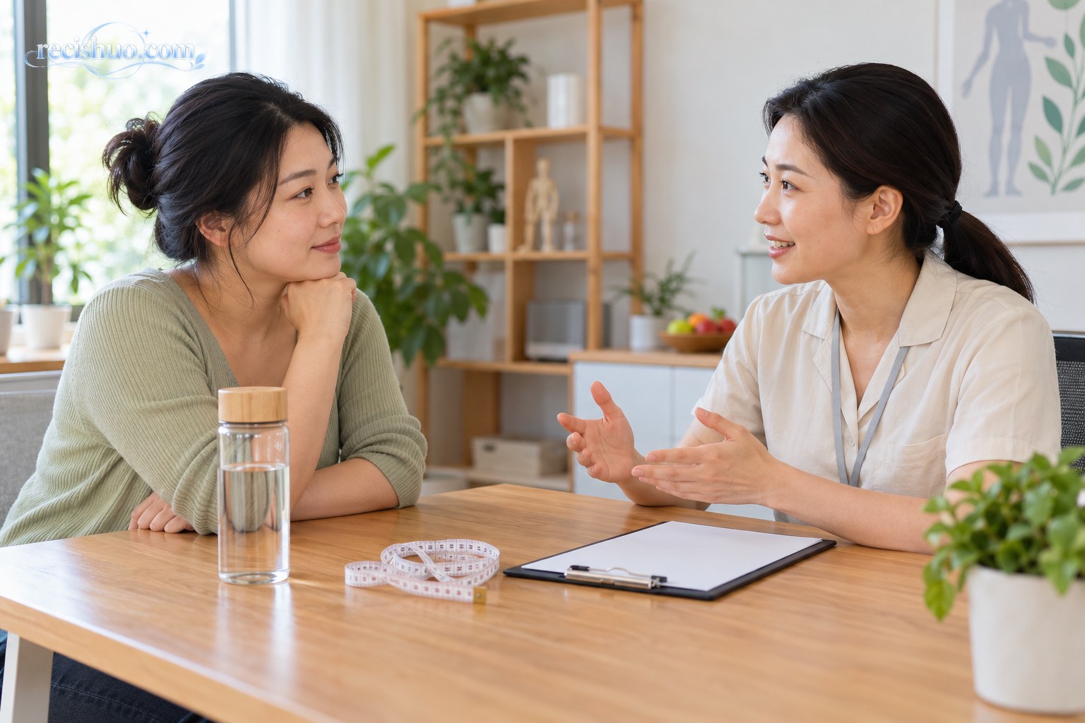 一位成年女性在健康咨询室与顾问交流科学评估身体状况的方法