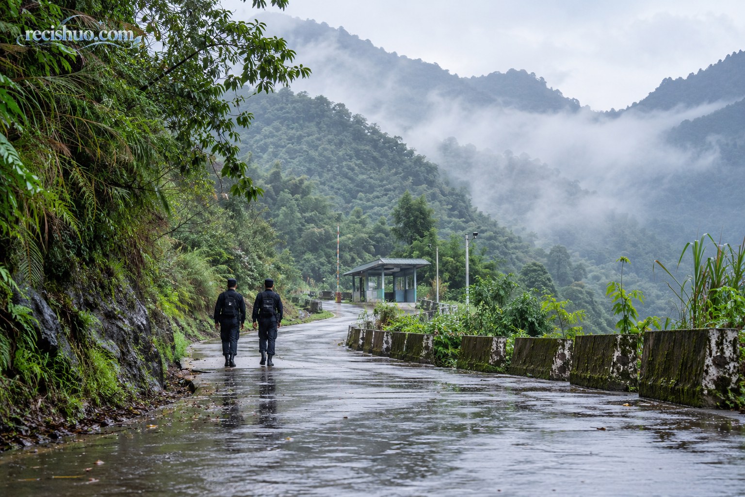 雨后云雾笼罩的边境山路上，两名匿名执勤人员背对镜头步行巡查