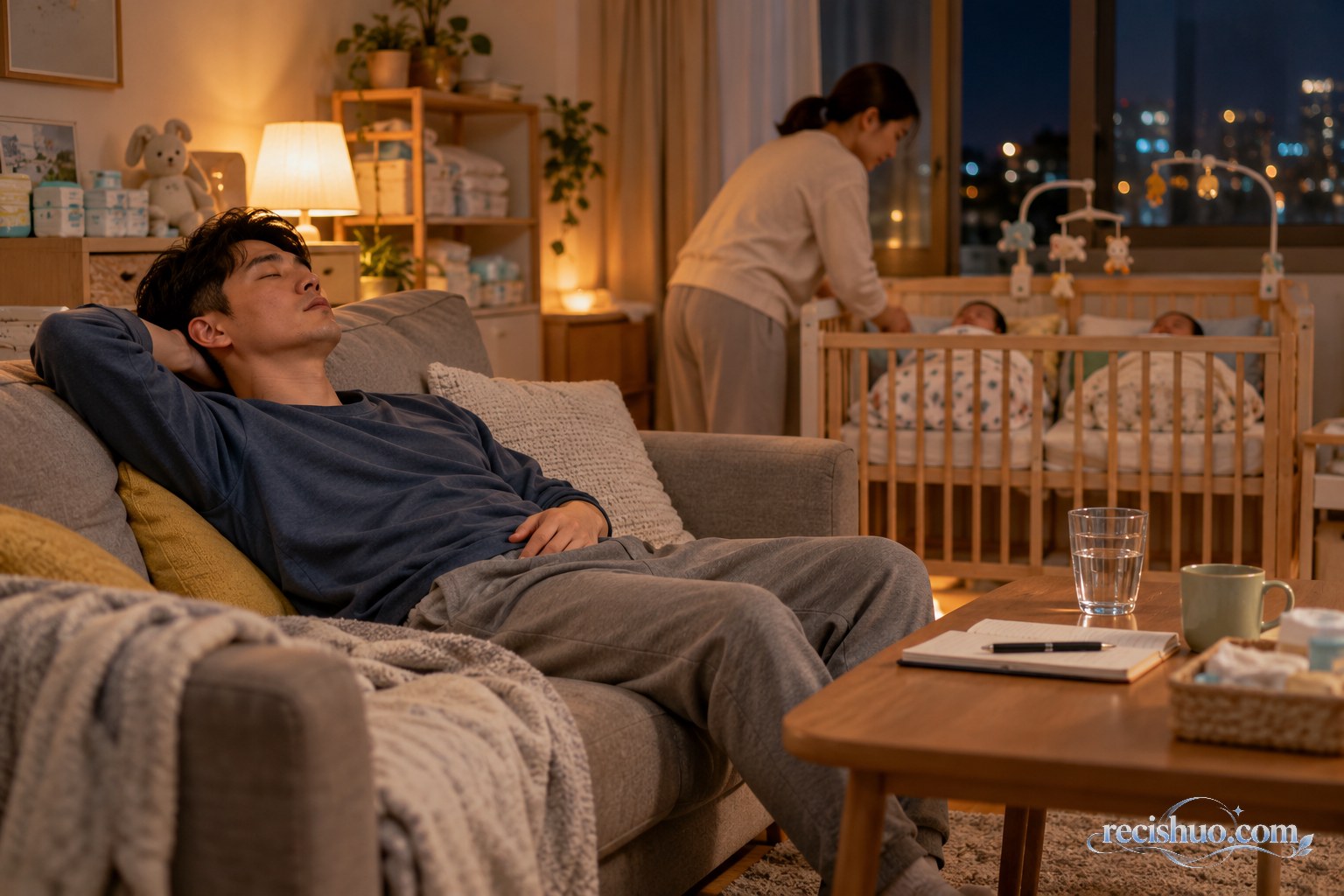 夜间家人接替照看宝宝让疲惫的父亲短暂休息