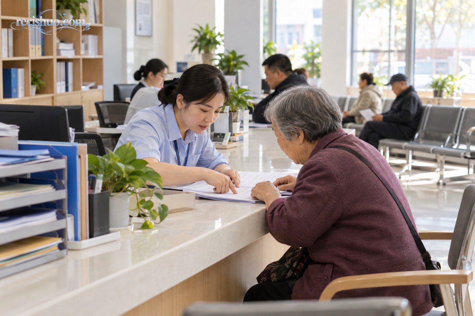 社区便民服务中心工作人员帮助老年居民核对办事材料
