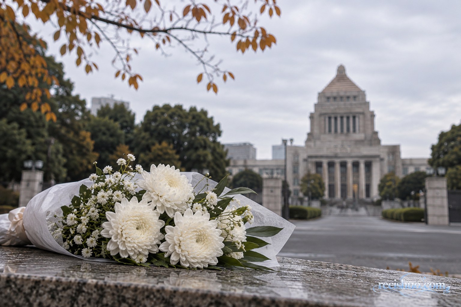 观察者手持文件站在日本国会建筑远处的公共空间
