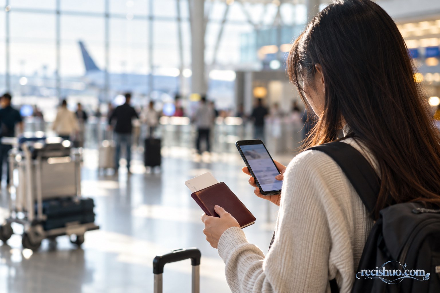 年轻女性旅客在国际机场公共区域查看手机并手持护照夹