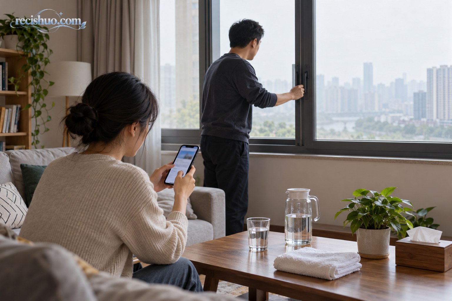 居民关闭窗户并用手机查看信息,桌上备有清水和干净毛巾