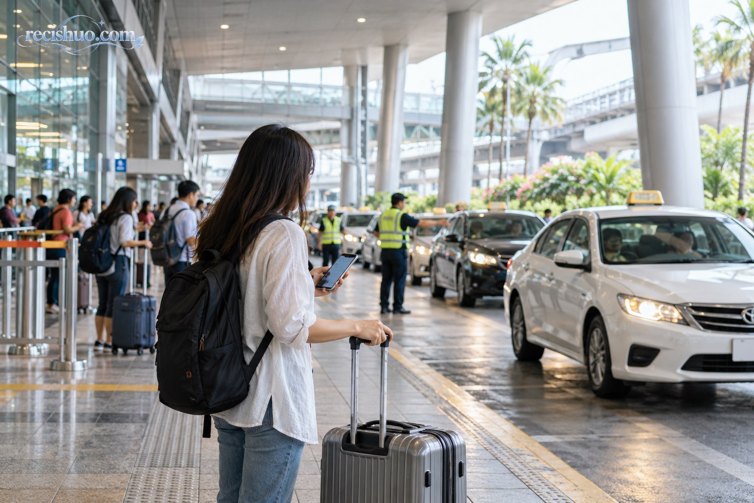年轻女性抵达机场后在正规出租车候车区核对车辆信息