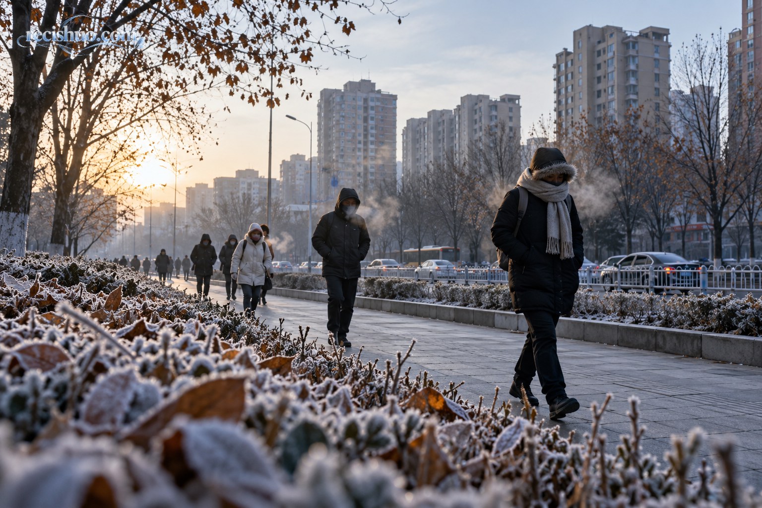 深秋寒冷清晨,行人穿着厚外套走过结霜的城市街道