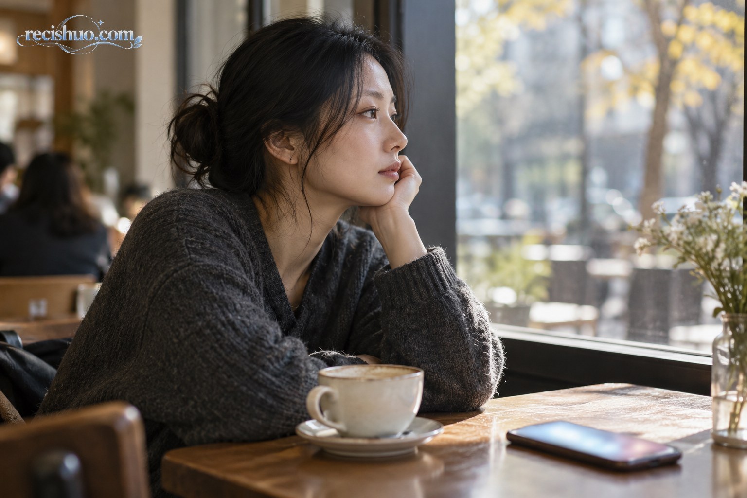 一位成年女性在咖啡馆窗边平静思考社交媒体上的身材评价