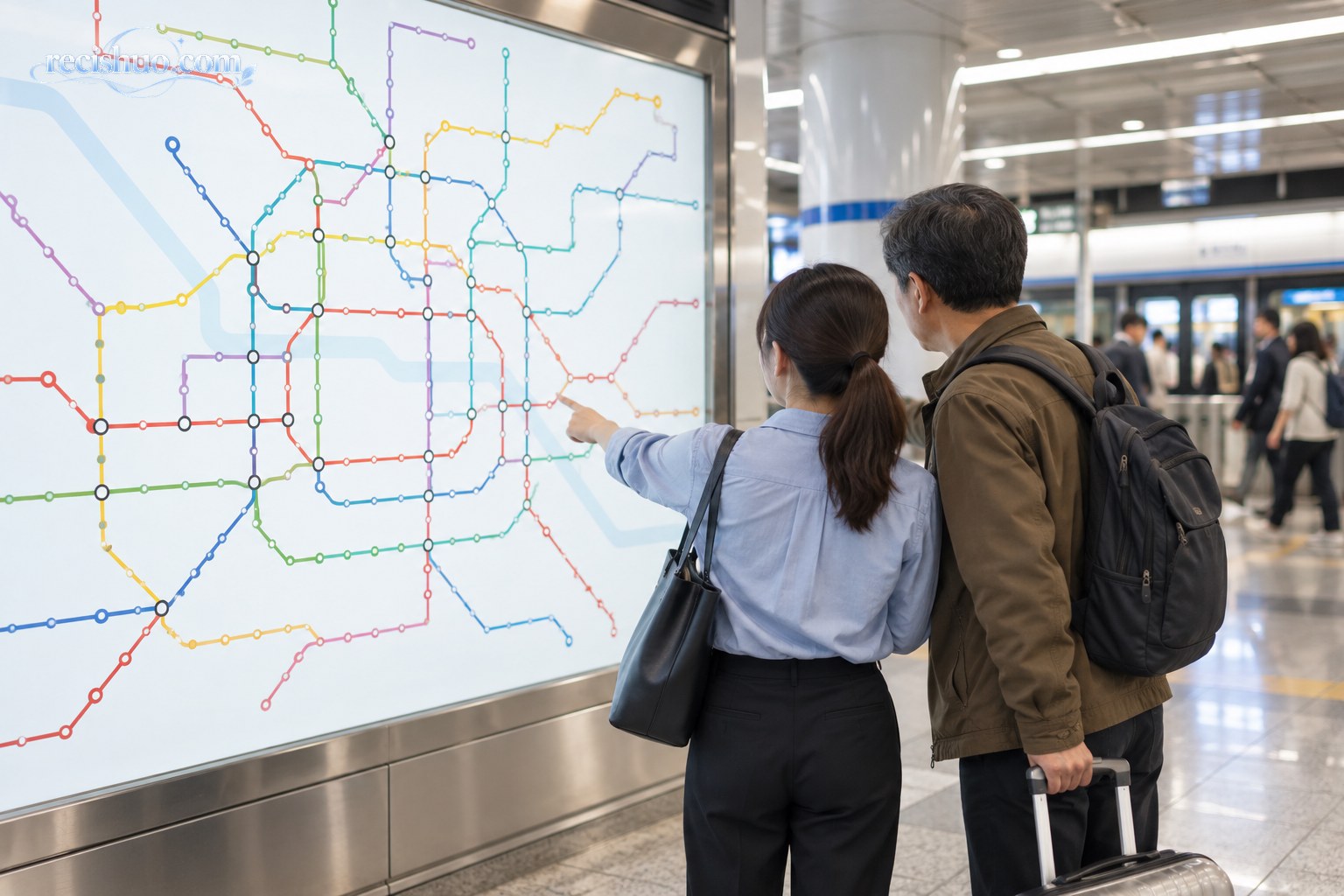 两名乘客在地铁站内查看无文字的彩色线路示意图并讨论路线