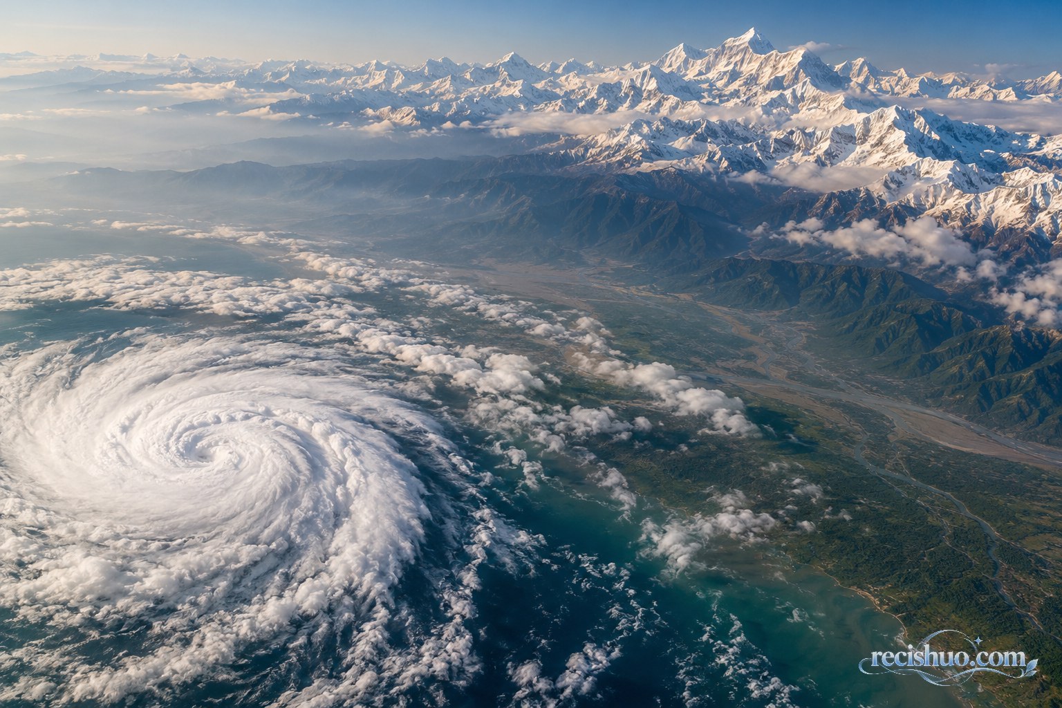 热带海域上空的气旋云系与远处喜马拉雅高山地形同框的自然航拍景象