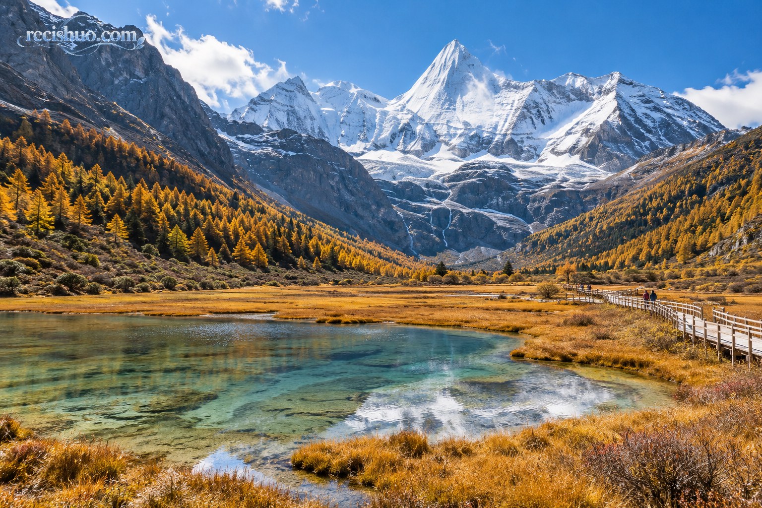 秋日雪山下金黄草甸、清澈湖水与木栈道交织的高原风景