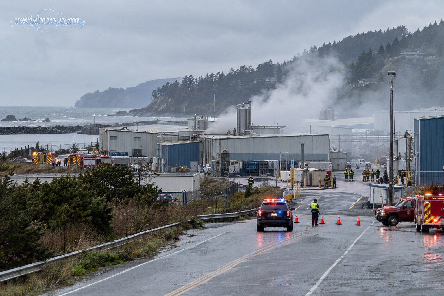 阴雨天气下沿海加工厂冒出烟雾，应急车辆在外围道路处置事故
